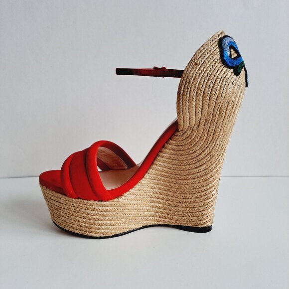Gucci Red Suede Floral Embroidered Wedge Platform Ankle Strap Size 36.5 - Picture 5 of 16
